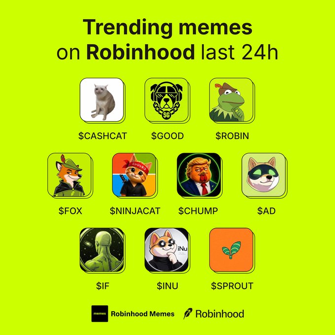 A promotional graphic titled "Trending memes on Robinhood last 24h" displays 10 meme coin tickers with their respective icons on a green background: $CASHCAT, $GOOD, $ROBIN, $FOX, $NINJACAT, $CHUMP, $AD, $IF, $INU, and $SPROUT. The image directly illustrates the post's question, showing the trending meme coins users could choose from to potentially "moon."