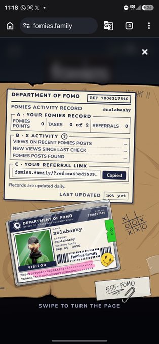 A mobile browser screenshot of the 'Department of Fomo' activity record page at fomies.family for user 'nolabashy,' showing a points record, referral link, and an ID card with a Vox character avatar.