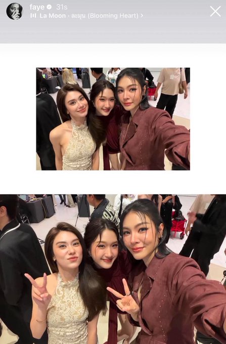 An Instagram story from user 'faye' playing 'La Moon - asuya (Blooming Heart)' shows two selfies of three young women posing together, making peace signs at what appears to be an event.