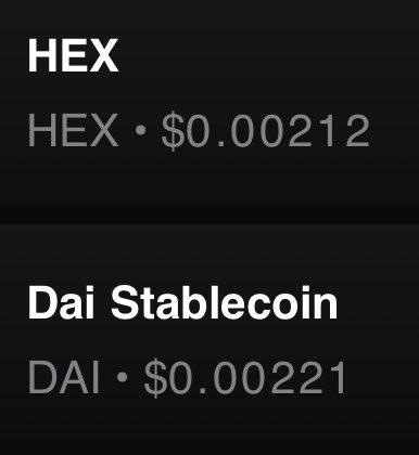 A screenshot of cryptocurrency price listings showing HEX at $0.00212 and DAI Stablecoin at $0.00221, humorously highlighting their nearly identical price points with the caption "$HEX & $pDai are EXTREMELY CLOSE PROBABLY NOTHING."