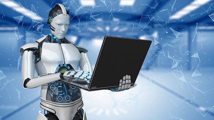A humanoid robot types on a black laptop against a blue, network-themed background, symbolizing AI-driven automation. The image visually reinforces the post's message about AI agents like ChatGPT and Claude Code being able to execute trades directly on Binance through a new MCP endpoint.