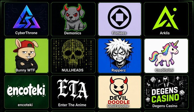 Grid of 12 NFT/collection logos including CyberThrone, Demonics, Forjees, Arklis, Bunny WTF, NULLHEADS, Rapperz, CreditsUni, encoteki, ETA Enter The Anime, Devil Doodle, and Degens Casino.