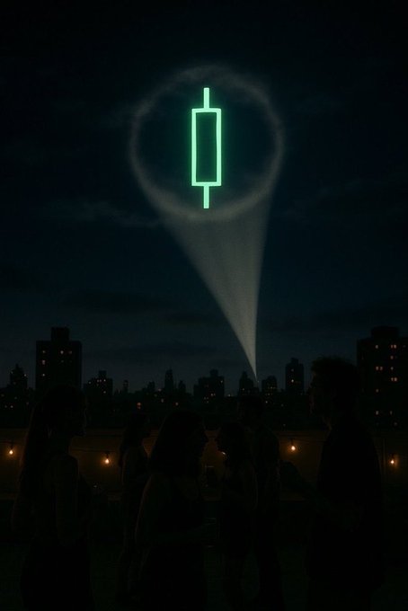 A nighttime cityscape shows silhouetted figures looking up at a glowing green candlestick chart symbol projected in the sky like a beacon above the skyline.