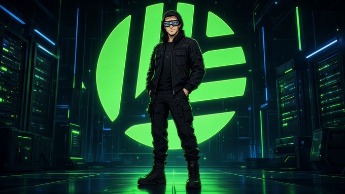 Digital artwork of a person in tactical black gear and sunglasses standing in a neon-lit server room with a large green circular logo behind them.