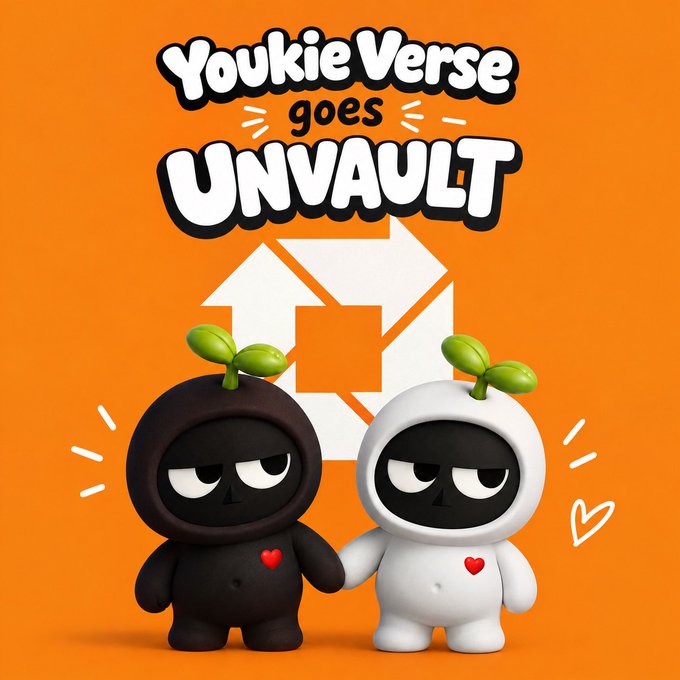 The image features two cute, round mascots with green leaf sprouts—one in black and one in white, both with red hearts on their chests—standing in front of an orange background with the text "YoukieVerse goes UNVAULT." This visual ties to the post's announcement of YoukieVerse going unvault and expanding across multiple chains, with the mascots symbolizing the unified "one collection, multiple chains, one community" concept mentioned in the message.