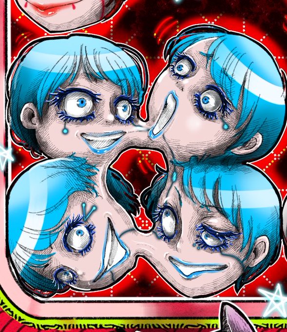 A surreal, cartoon-style illustration featuring distorted anime-like faces with bright blue hair and large expressive eyes, set against a vibrant red background with star accents.