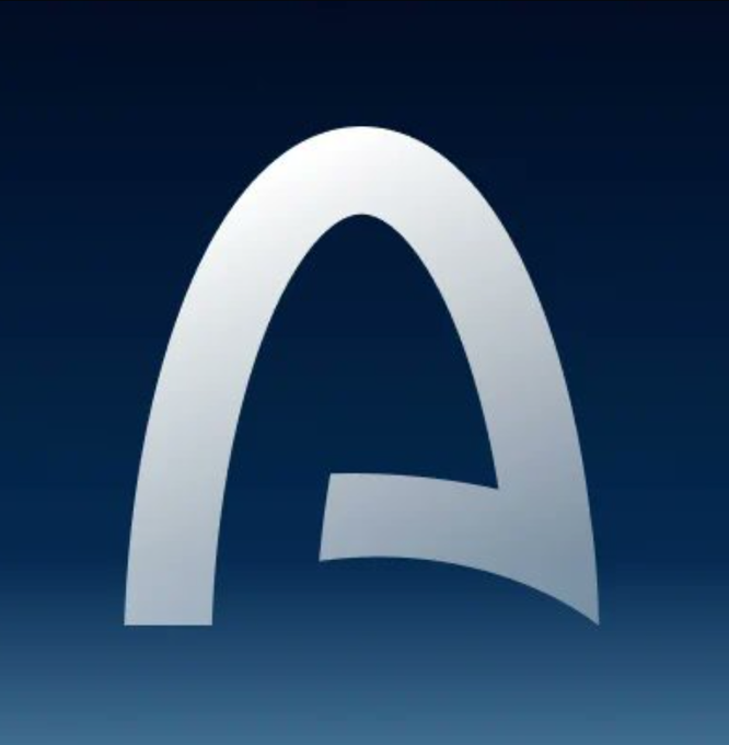 A simple 3D-rendered white curved shape, resembling a stylized letter 'A', is displayed against a dark blue background.