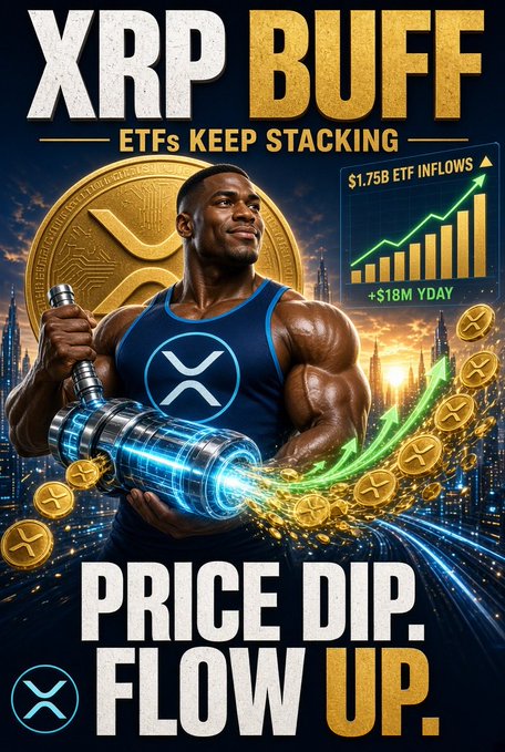A promotional graphic titled "XRP BUFF - ETFs KEEP STACKING" showing a muscular man lifting a dumbbell with the XRP logo, accompanied by a chart showing "$1.75B ETF INFLOWS" and "+$18M YDAY", with the text "PRICE DIP. FLOW UP."