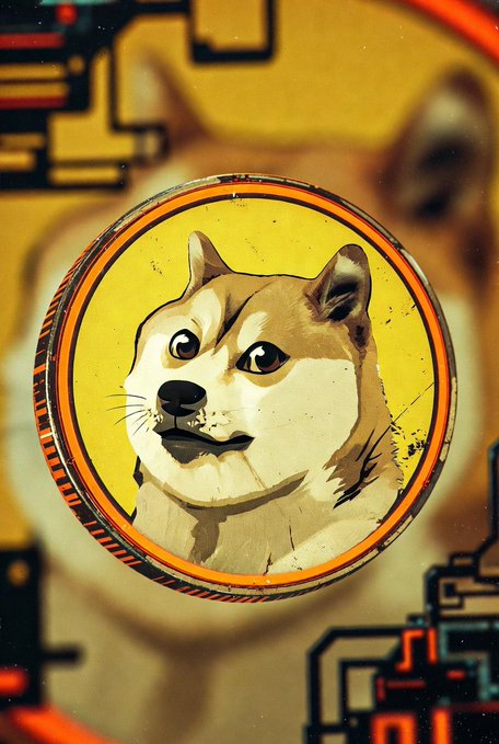 A stylized digital illustration of a Shiba Inu dog's face, resembling the Dogecoin mascot, framed within a glowing golden circular border with a circuit-like background.
