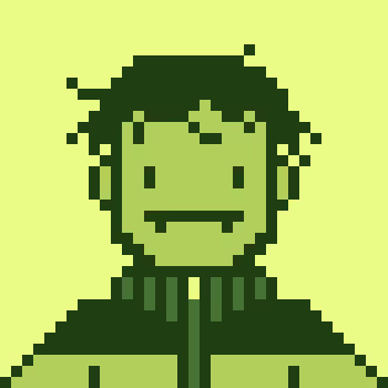 A pixel art portrait of a person rendered in shades of green with a yellow-green background.