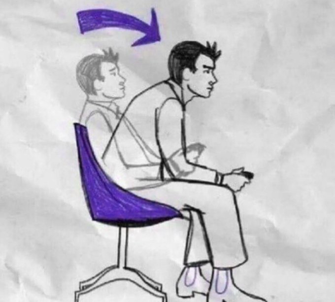 The illustration depicts a hand-drawn sketch of a person sitting in a purple office chair, with an arrow above showing their head swiveling from a relaxed, leaning-back position to an alert, forward-facing posture. The caption "gm, i'm back to being active on here" pairs with the image as a metaphor for re-engaging after a break—snapping back to attention and productivity, like a trader returning to the markets after time away.