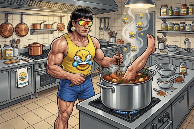 The image features a muscular man wearing blue shorts, standing at a kitchen counter with a pot of food cooking on an electric stove. He has his leg extended out from under him, as if he's about to cook up something delicious or perhaps just trying to reach for a jar on the shelf above the stove. The post "cooking up the next leg" suggests that there might be some humor involved in this scene, possibly referencing the phrase "cooking up a lie".