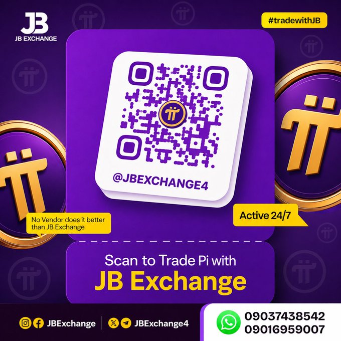 An advertisement for 'JB EXCHANGE' featuring a QR code and Pi cryptocurrency logos, with text reading 'Scan to Trade Pi with JB Exchange,' 'Active 24/7,' and contact numbers 09037438542 and 09016959007.