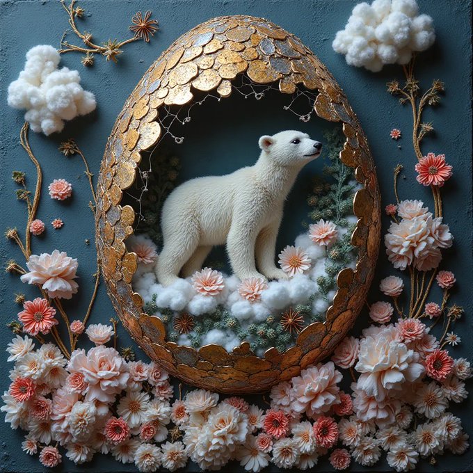 An ornate oval frame made of golden scales encloses a white polar bear standing among clouds and small pink flowers, surrounded by an elaborate arrangement of pink and white blooms against a dark teal background.