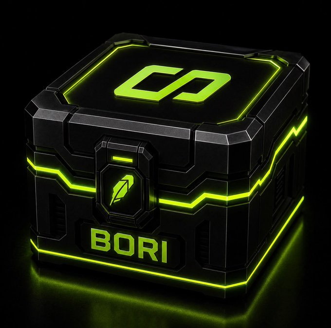 A futuristic black and neon-green loot crate labeled "BORI" with a lightning bolt emblem, reinforcing the post's urgent call to share your EVM wallet quickly to claim a free NFT drop.