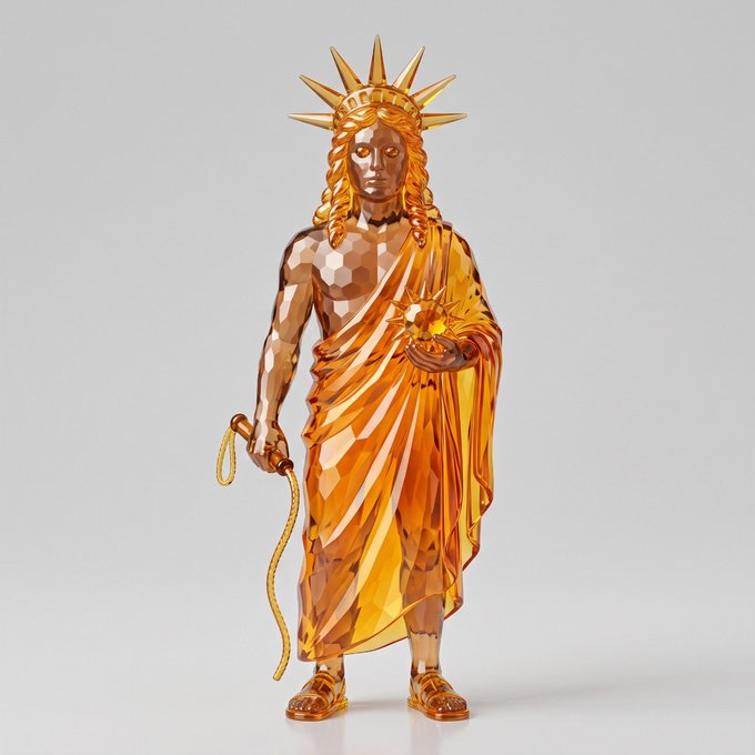 An amber-colored, crystalline figurine of Lady Liberty featuring a spiked crown and holding a torch, designed with a faceted, gem-like texture.