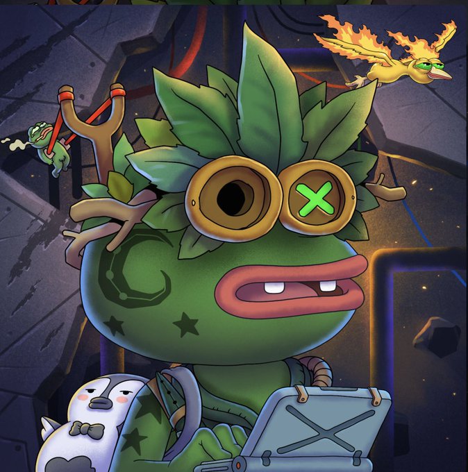 A cartoon green Pepe frog character with mismatched eyes (one X, one circle) sits holding a slingshot and a chest, while a flaming Pepe and a slingshot-wielding Pepe appear in the background—visualizing the "Pepe is up" bullish sentiment in the post.