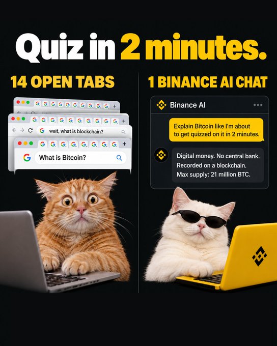 This Binance promotional graphic humorously contrasts a stressed orange cat overwhelmed by 14 browser tabs searching for Bitcoin/blockchain explanations with a relaxed, cool white cat using "Binance AI" chat to get a quick answer ("Digital money. No central bank. Recorded on a blockchain. Max supply: 21 million BTC."), reinforcing the post's message that crypto research doesn't require juggling multiple tabs.