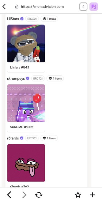 A mobile browser screenshot of monadvision.com displaying a list of NFT collections including LilStars (#843), skrumpeys (SKRUMP #2152), and r3tards (#742) with their respective pixel art profile pictures.