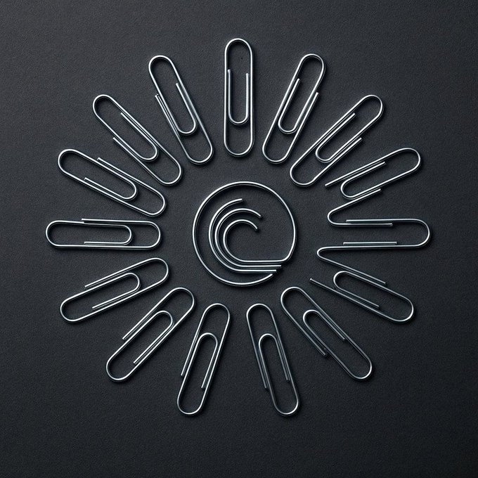 Silver paperclips arranged in a circular pattern on a black background, with a stylized letter "C" logo made of paperclips in the center.
