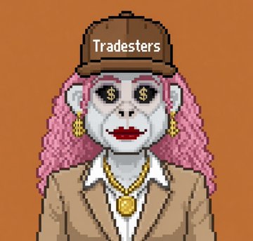 A pixel art NFT-style character with pink hair, dollar sign eyes, and red lips, wearing a brown cap with the word 'Tradesters'.