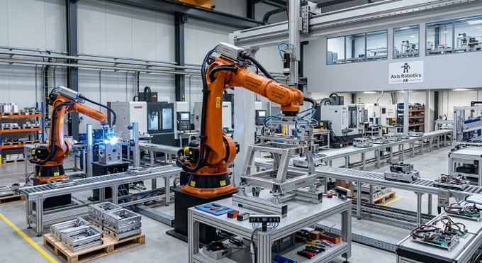 An industrial manufacturing facility features orange KUKA robotic arms operating along an assembly line, with a sign reading 'Auto Robotics' visible on the back wall.