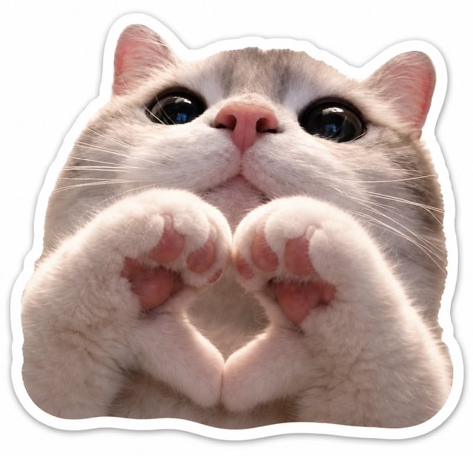 A cute cat sticker with its paws pressed together to form a heart shape against a white background.