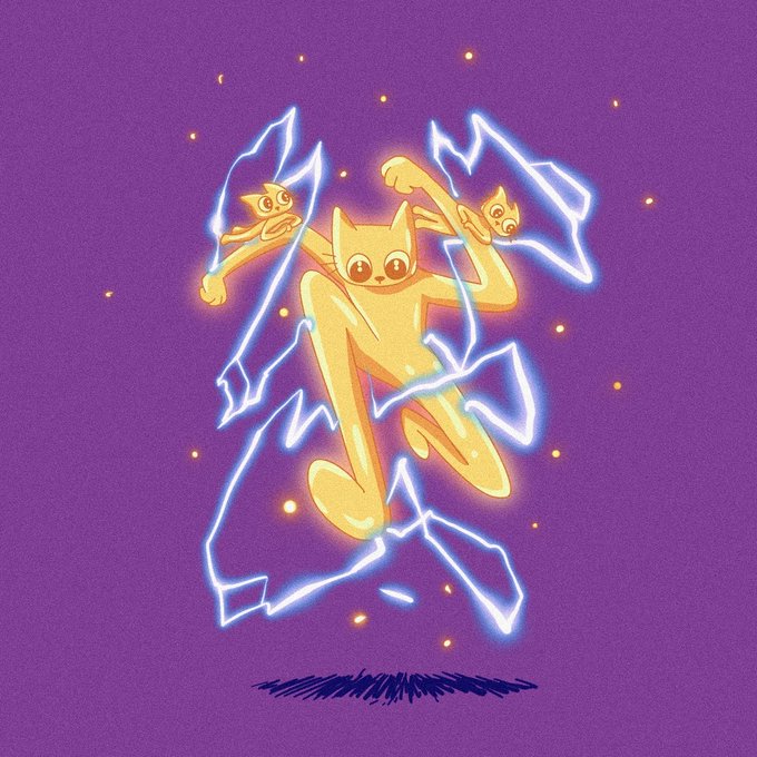 A colorful illustration of an orange cartoon cat character posing dynamically inside blue neon-like graffiti outlines against a purple background.