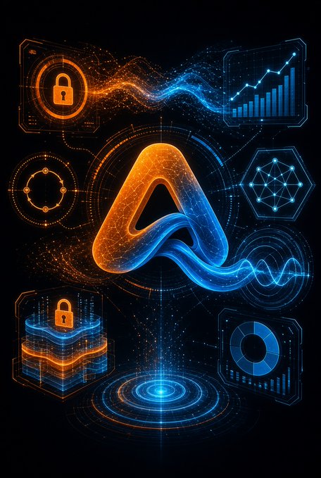 This digital illustration features a large, glowing orange and blue stylized "A" at its center, surrounded by high-tech data visualizations, security lock icons, and analytical graphs. The image serves as a conceptual representation of the "intelligent interface" and "predictable infrastructure" mentioned in the post, visually linking complex multi-chain DeFi data to streamlined, secure management.