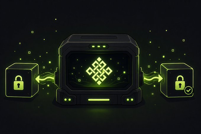A digital illustration depicts a central dark device with a glowing green Binance logo, flanked by two glowing green padlock icons connected by arrows, suggesting a process of unlocking or verification against a dark background with floating green particles.