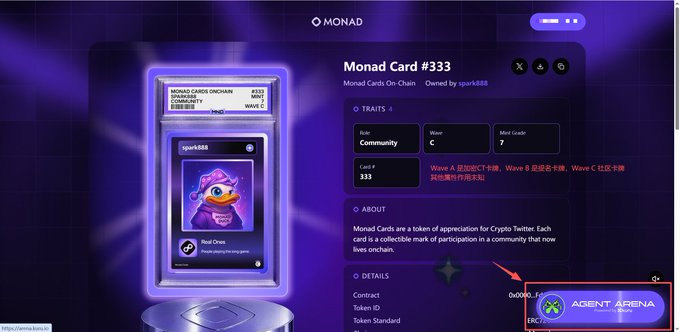 The image shows a webpage from Monad displaying "Monad Card #333," a digital collectible on the Monad On-Chain platform owned by "spark888." The card features a purple duck character labeled "Soul Ones" and is categorized under the Community role with Wave C, Event #333, and a Max Grade of 7.

The post describes this as an example of Monad's on-chain SBT (Soulbound Token) cards, which serve as entry points to Monad's future ecosystem, offering cardholder perks across various ecosystem projects and mini-games.