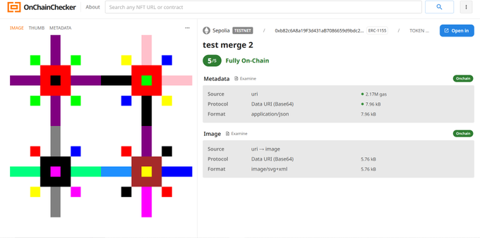 A screenshot from OnChainChecker displaying a colorful pixel-art style NFT titled 'test merge 2' with on-chain metadata showing 'uri' protocol on the Sepolia testnet.