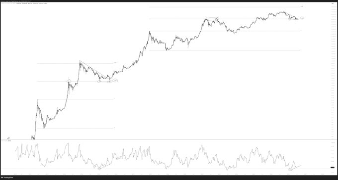 A line chart displays a financial price trend with a candlestick-style overlay, showing an overall upward trajectory across the timeline, paired with an oscillator indicator (likely RSI) at the bottom that fluctuates between marked high and low zones. The chart visually evokes the "#bitcoin summer 15' vibes" by illustrating a similar volatile bullish pattern reminiscent of Bitcoin's historic 2015 summer rally.