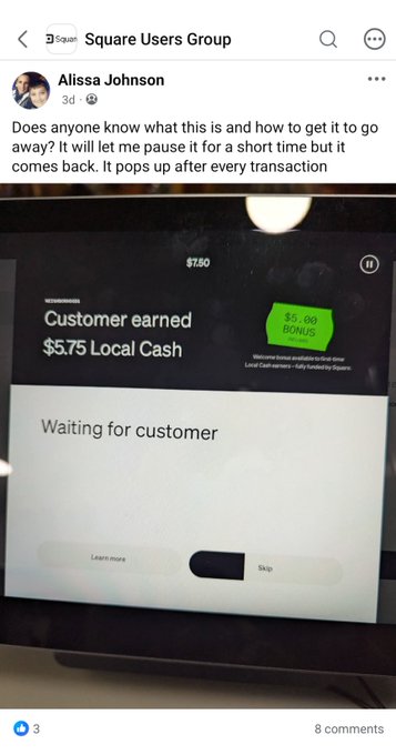 A Facebook screenshot from the 'Square Users Group' where user Alissa Johnson asks for help disabling a Square POS popup that offers a '$5.00 BONUS' for 'fully banked' customers, showing the 'Waiting for customer' screen.