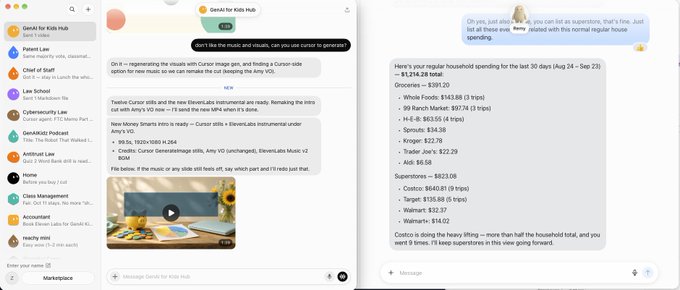 The image shows a split-screen workspace displaying "Grok for Kids Hub" on the left, where an AI generates a video tutorial about On-K image manipulation techniques with a still life example, and an iMessage conversation on the right showing a humorous exchange about a Costco shopping list totaling $823.08 (highlighting 9 trips in 30 days) between friends sharing household spending realities, illustrating the post's theme of using AI bots for productive tasks on one side while casually chatting about everyday life on the other.