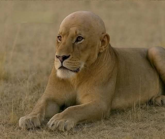 A bald-looking lion lies on the savanna with an intense, weathered stare, capturing the exhausted yet battle-hardened look of someone who's survived the crypto markets—matching the caption's humor about looking worn down after two years of trading.
