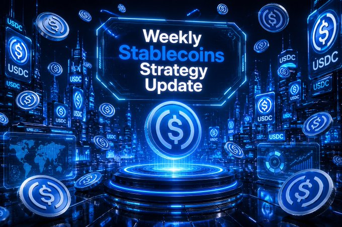 A futuristic blue neon-style graphic titled 'Weekly Stablecoins Strategy Update' surrounded by floating USDC coin tokens and a cityscape background.