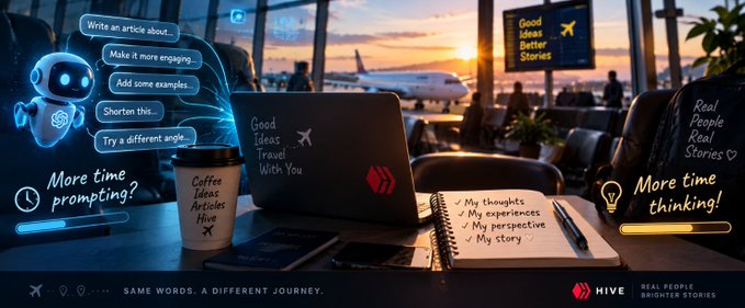 A promotional graphic for 'HIVE' featuring a laptop on a desk at sunset with the tagline 'SAME WORDS. A DIFFERENT JOURNEY', highlighting AI assistance features.