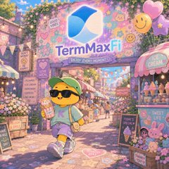 The image features a vibrant, candy-colored mascot wearing sunglasses in a market setting, with "TermMax.fi" prominently displayed at the top archway surrounded by flowers and balloons, matching the post's playful tone about the @TermMaxFi guessing game challenge.