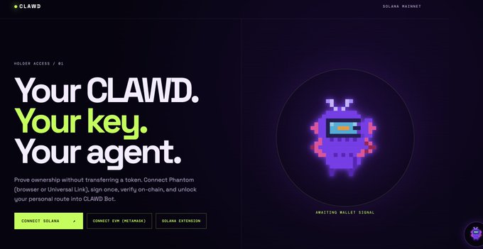A dark-themed website for CLAWD on the Solana Mainnet, featuring the text 'Your CLAWD. Your key. Your agent.' alongside a purple pixel-art alien graphic.