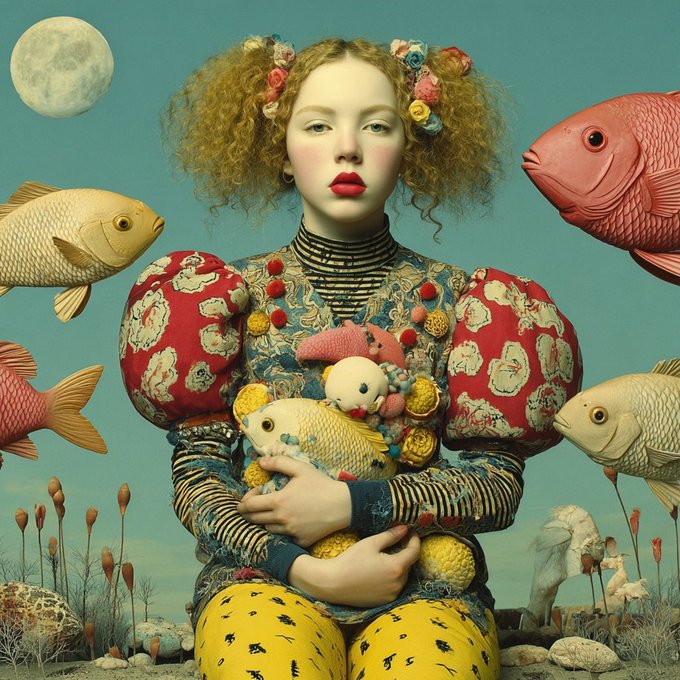 An artistic portrait features a young woman with curly red hair adorned with flowers, wearing an elaborate textured outfit, surrounded by colorful fish and a moon in a surreal composition.