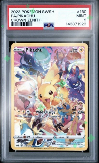 A PSA 9-graded 2023 Pokémon SWSH Crown Zenith Pikachu card (#160/159) is displayed in its PSA slab case, featuring artwork of Pikachu surrounded by other Pokémon on a colorful background. The card shows 70 HP, a "Wild Charge" attack dealing 90 damage, and the accompanying post celebrates pulling this mint-graded Pikachu from a $50 pack while on vacation using a Solflare wallet.