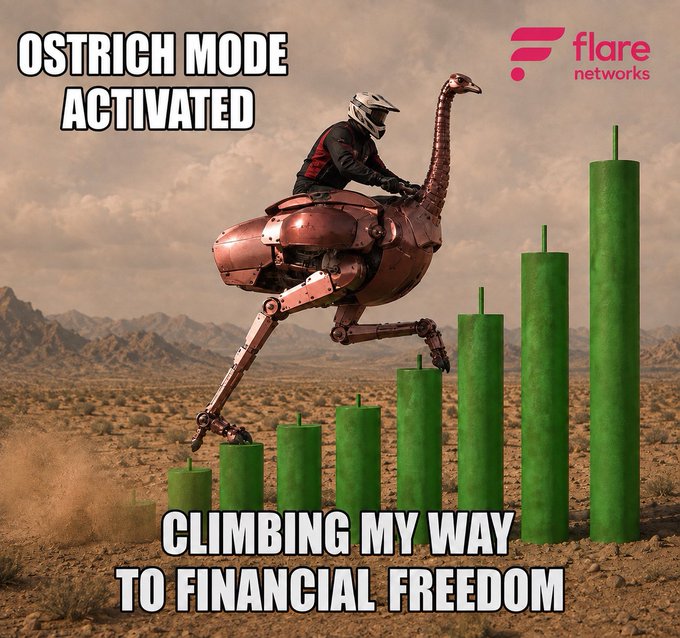 A meme featuring a robotic ostrich climbing green bars with text 'OSTRICH MODE ACTIVATED' and 'CLIMBING MY WAY TO FINANCIAL FREEDOM,' branded by Flare Networks.