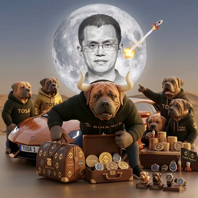 The image is a surreal promotional collage featuring a large man's face set against a full moon, a rocket launching nearby, a central Shar-Pei dog character wearing a "BINANCE" hoodie surrounded by stacks of gold "TOSA" coins, a luxury sports car labeled "TOSA 1," and several other Shar-Pei mascots wearing "TOSA" and "TOSA ARMY" apparel alongside designer luggage and watches.

This visual ties directly to the post's giveaway, using the dog's bullish mascot and piles of "$TOSA inu" tokens to reinforce the promise of sending 5,000,000 TOSA tokens to 10 engaged followers.