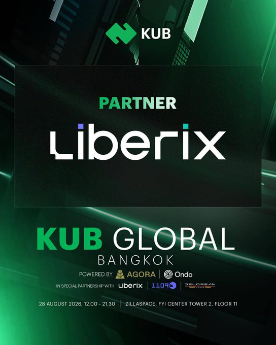 An event poster for 'KUB GLOBAL BANGKOK' powered by AGORA and Ondo, featuring partner Liberix, scheduled for 28 August 2026.