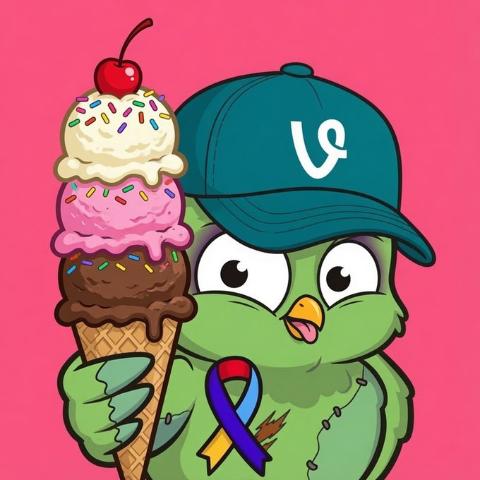 The image features an owl wearing a hat, holding an ice cream cone with three scoops of different flavors including strawberry (red), vanilla (white), and chocolate (brown). The caption for this artwork reads "Good morning guys! Have a great weekend Quack heads NFT from @wallchain is available at a super discount of just 0.7 !" which seems to relate to the owl holding an ice cream cone as well as possibly referencing the post about cancer awareness and encouraging people to take action by signing up for the Quack heads NFT, where they can contribute funds to support those affected by cancer.