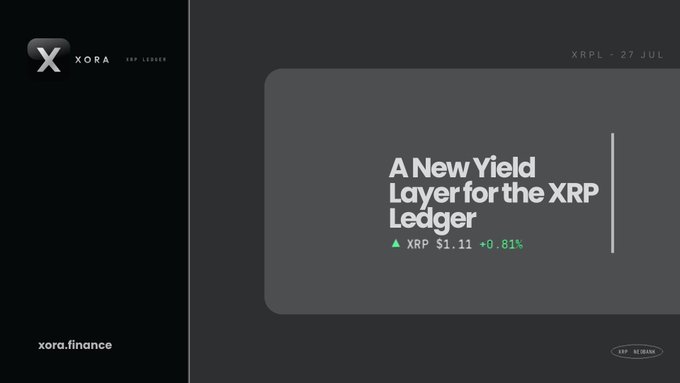 A dark-themed promotional graphic for 'XORA XRP LEDGER' announces 'A New Yield Layer for the XRP Ledger' with XRP priced at $1.11 (+0.81%) on July 27, at xora.finance.