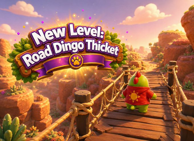 Cartoon-style game achievement screen featuring the same green character walking on a wooden bridge with the banner "New Level: Road Dingo Thicket".