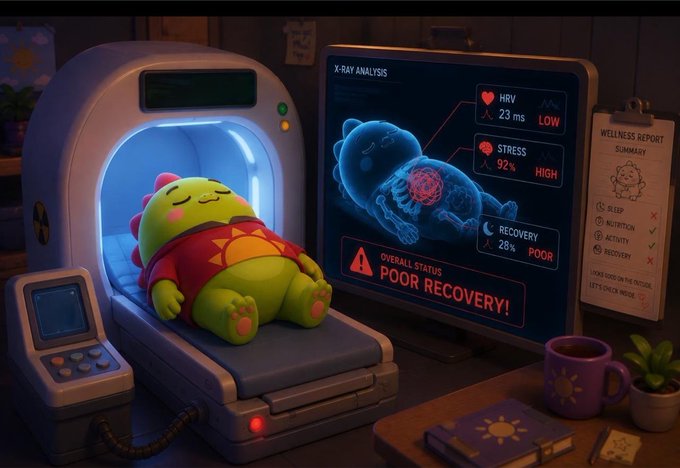 A green plush character lies inside a medical scanning machine with a monitor displaying "X-RAY ANALYSIS" showing metrics like HRV at 23 ms (LOW), STRESS at 92% (HIGH), RECOVERY at 28% (POOR), and an "OVERALL STATUS: POOR RECOVERY!" alert, alongside a "WELLNESS REPORT" clipboard. The image visually reinforces the post's message about @sleepagotchi's sleep-tracking infrastructure, illustrating how raw biometric data (HRV, stress, recovery) can be analyzed to flag poor sleep and inform personalized routines.