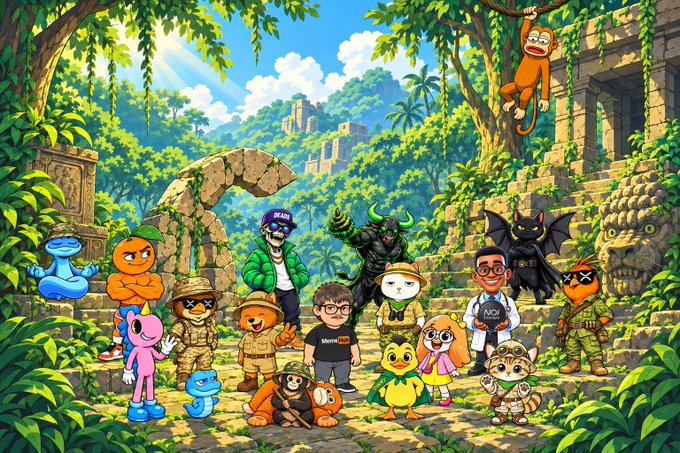 A vibrant jungle scene showcases a colorful cast of cartoon characters—including a monkey, dragons, monsters, and explorers—gathered among ancient ruins, fitting the adventurous $DEADS meme narrative. The "DEADS" branding is visible on one character's shirt, tying the playful lineup to the crypto project's post.